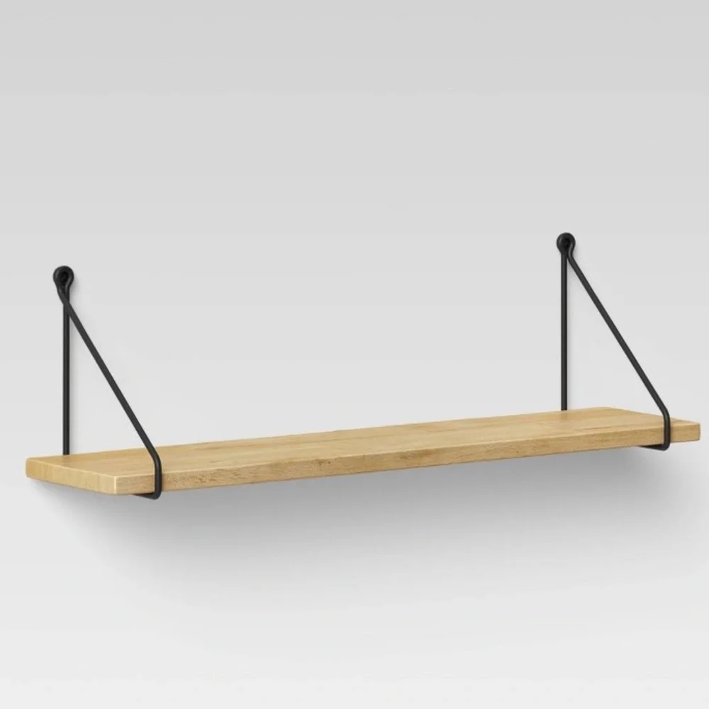 24”x6”Wood Shelf Hanging Wire Matte Black: Bracket Design, Mounting Hardware